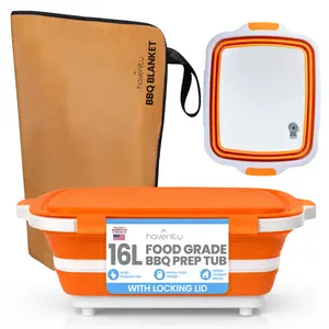 Havenity BBQ Prep Tub with BBQ Blanket, 16L Multifunctional Camping Cutting Board with Locking Lid, Reusable Meat Resting Bag for Smoking, Collapsible Dish Basin for Marinating Food (Large 16L)