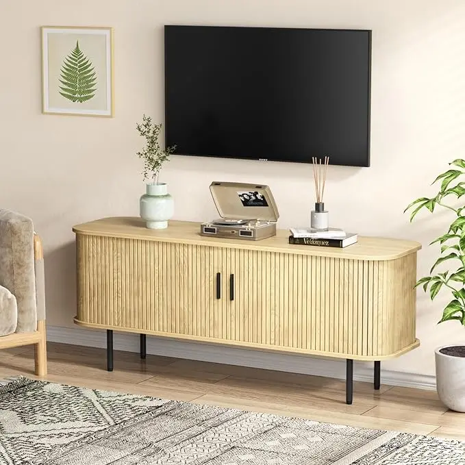 [tiktokshopbacktoschool] Vabches 55''W Wooden TV Stand Storage Cabinet, Fluted Sideboard Buffet with Tambour Slatted Sliding Doors & Multiple Shelves, Modern Credenza Console Table for Living Room, Kitchen