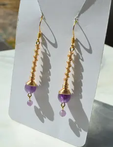 Amethyst wire wrapped earrings - crystal beaded earrings - wire wrapped earrings