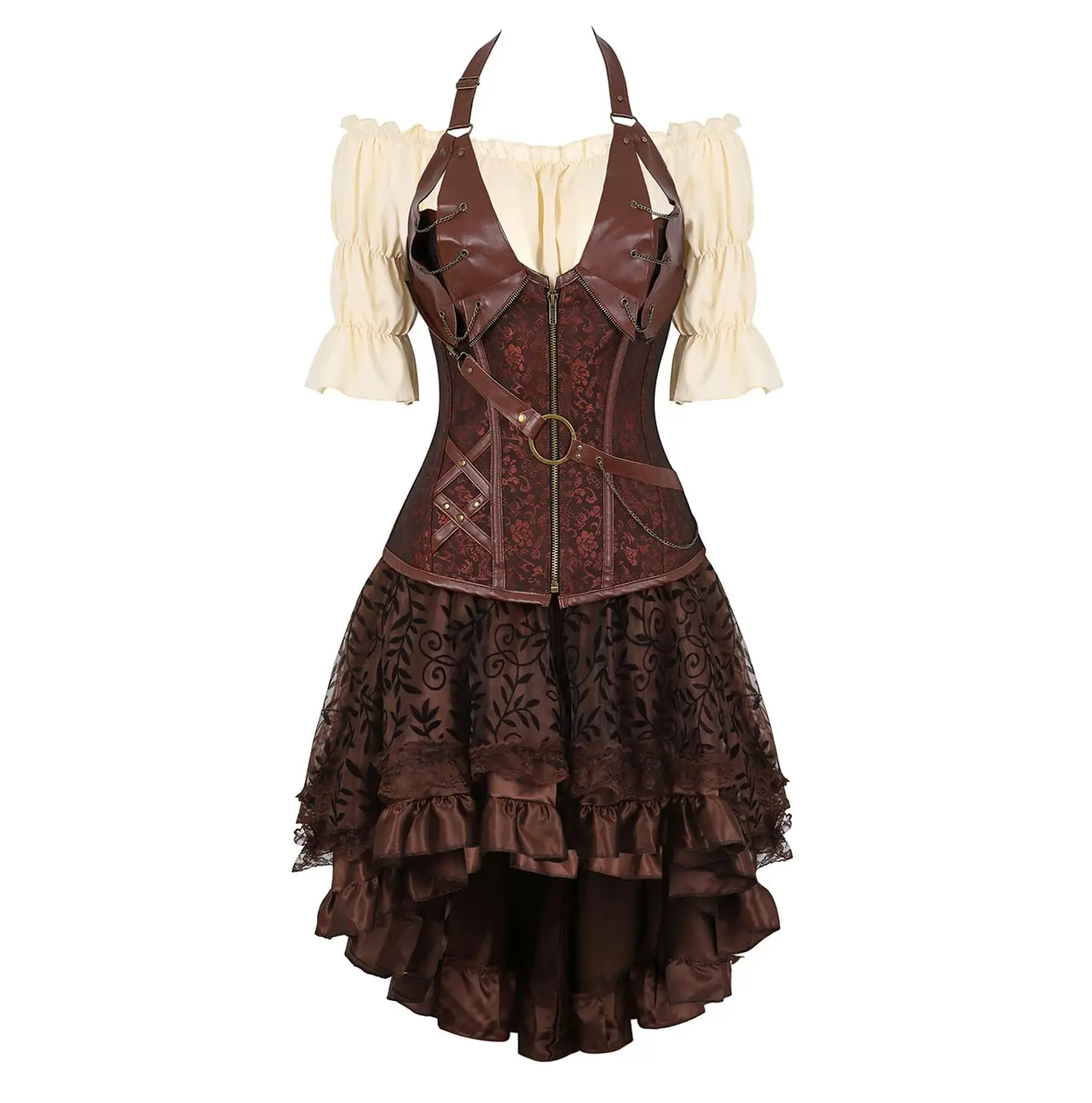 Women's Steampunk Boned 3-Piece Corset Set - Leather Corset, Bustier Blouse, Above-The-Knee Fitted Skirt, Gothic Vintage Cosplay Costumes, Elegance Themed Party Clothes (8105/6505/7056)