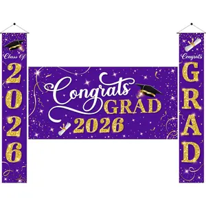 3 Pcs Graduation Decorations Class of 2026 Large Graduation Banners Set Gold & Purple Congrats Grad Party Backdrop and Banner Hanging Porch Supplies for College Graduation Indoor Outdoor Decor