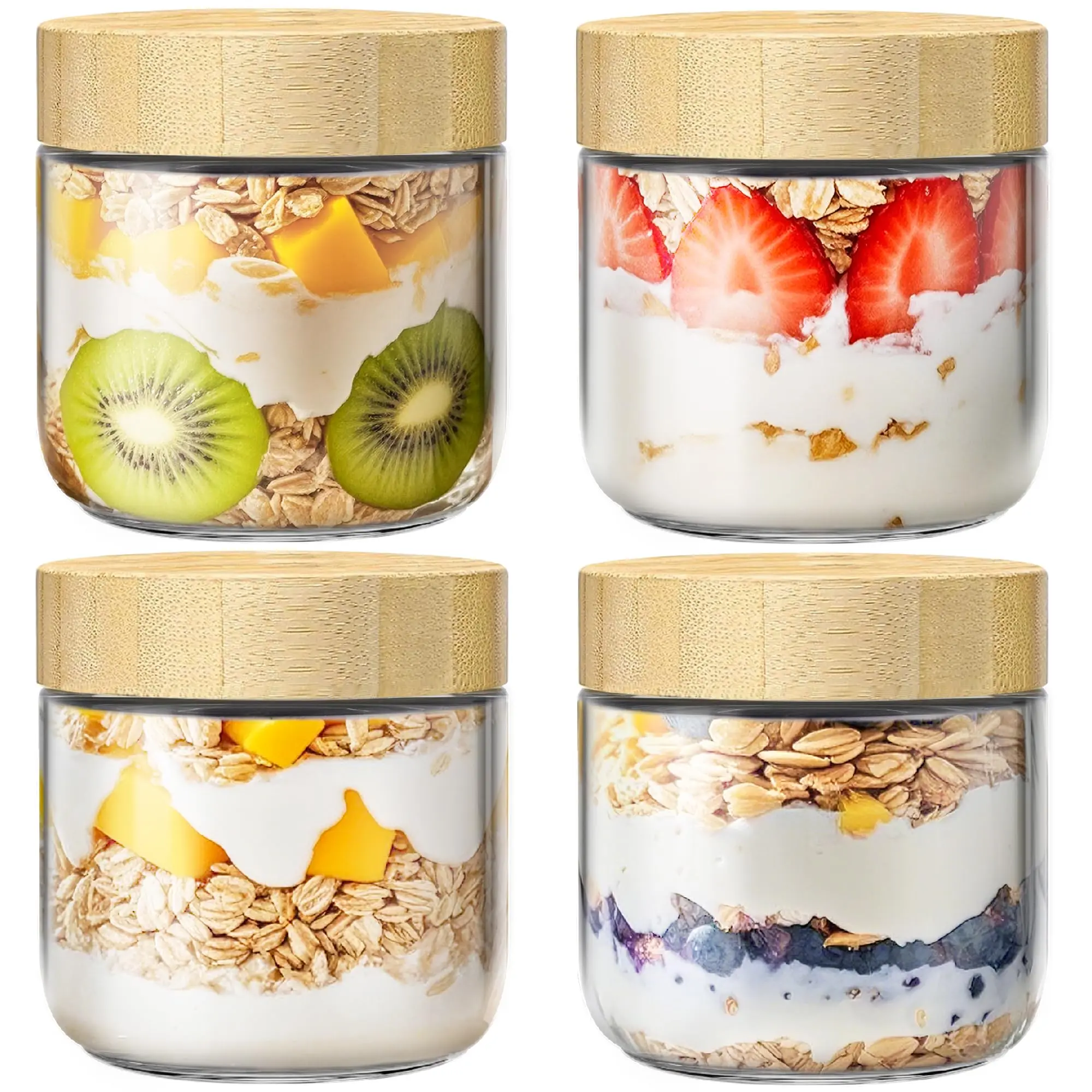 Set of 4 10 Oz Bamboo Lid Overnight Oat Containers, Kitchen Food Storage Airtight Glass Jar, Wide Mouth Mason Salad Container, Store Yogurt, Chia Seeds, Snacks, Meal Prep Containers, Aesthetic