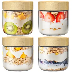 Set of 4 10 Oz Bamboo Lid Overnight Oat Containers, Kitchen Food Storage Airtight Glass Jar, Wide Mouth Mason Salad Container, Store Yogurt, Chia Seeds, Snacks