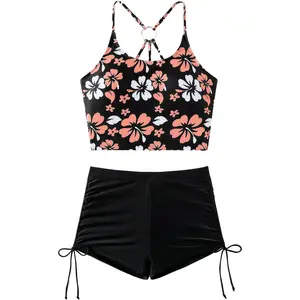 Women's 2-Piece Floral Crop Tankini Swimsuit with High Waisted Shorts - Modest Bikini Set for Beach Vacation