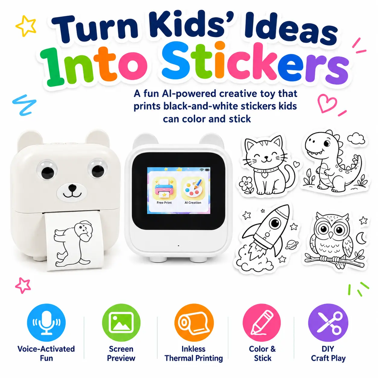 AI Voice Printer for Kids, Ink-Free Thermal Drawing & Sticker Printer with AI Picture Creation, Voice-to-Image, HD Display & WiFi, Rechargeable DIY Craft Toy Gift, Comes with 3 Paper Rolls + Bonus 5 Rolls, 12 Pens & Lanyard