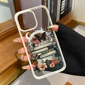Magnetic Phone Case Compatible for iPhone 17 Pro Max Plus Air/ 16 15 14 Pro Max 13 12 11 XS Plus  Moonlight Flower Book Pattern Hard Acrylic Back Soft TPU Edge Shock-resistant Cover