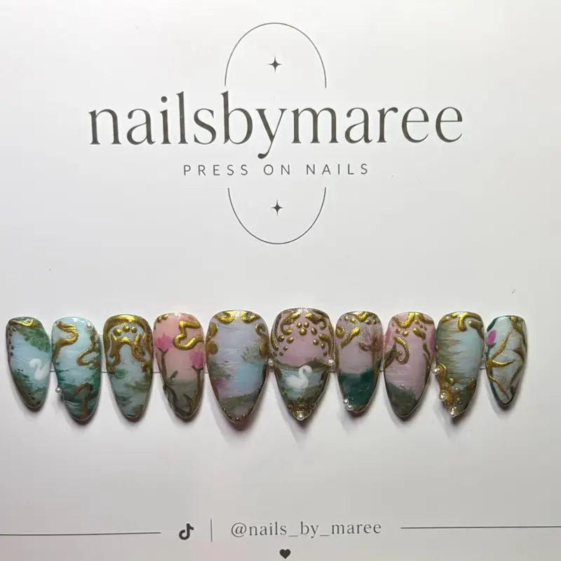 Nailsbymaree Press On Nails - Elegant Gold & Pastel Design - Perfect for Any Occasion