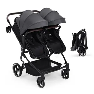 Lightweight Side by Side Double Stroller for Twins - Collapsible High Landscape Seats - Adjustable Canopy & Reclining Seats - 5-Point Safety Harness - Easy Travel Fold