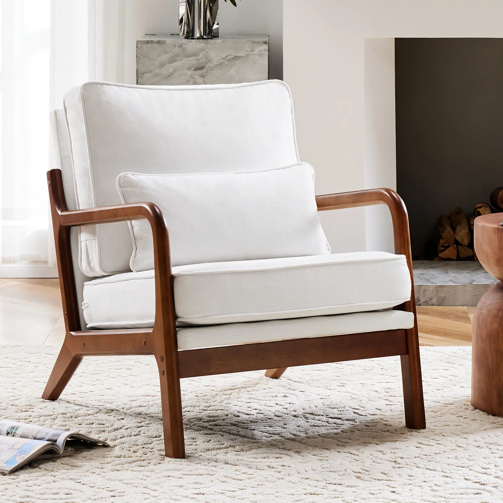 Mid-Century Modern Comfy Reading Chair with Waist Cushion - Solid Wooden Frame, Smooth Arms, Thick Foam Cushions Soften Long Sits, Durable Seating, Indoor Furniture Chairs for Living Room, Bedroom, Chair With Cushions