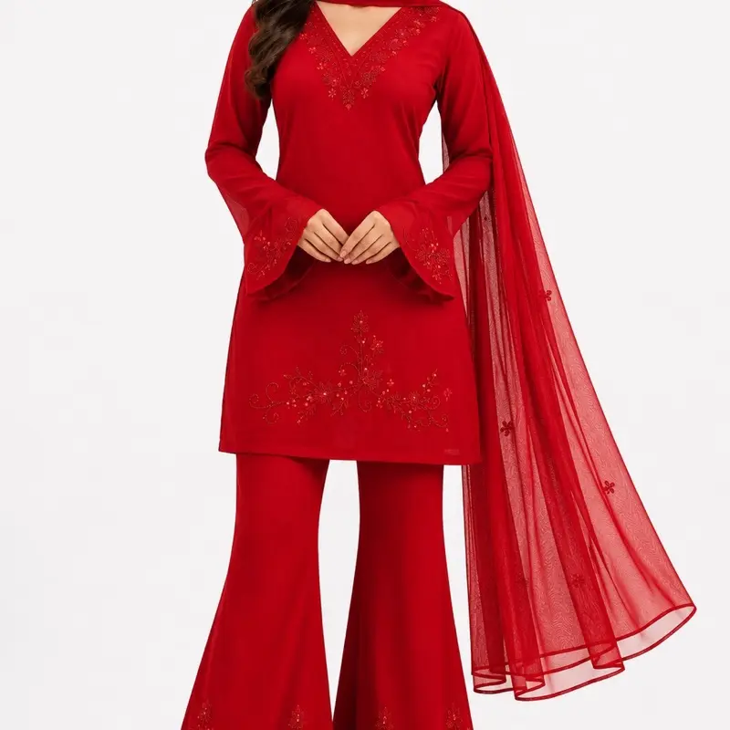 Handwork Boutique 3-Piece 90's Inspired Short Salwar Kurta with Embroidered Details and Flared Pants Womenswear Clothes Salwarkameez