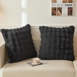2 Pack Faux   Decorative Throw Pillow Covers 24x24, Soft Plush Waffle Bubble Cushion Pillow Shams with Zipper, Furry Fuzzy Accent Square Pillowcases Bed Couch Sofa  Decor, Black
