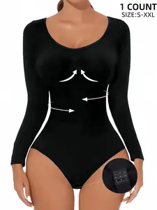 Women's Ribbed Abdomen Control Body Sculpting Compression Tight Bodysuit, Long Sleeve Round Neck Seamless Comfortable Fit Soft Elastic Fabric Casual Daily Wear,Sexy Underwear,Lady Body Shaper Compression for Autumn&Winter, High Compression Bodysuits