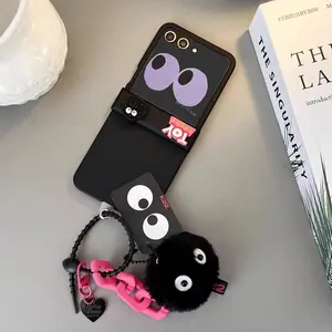 Cute Black Coal Ball Plush Bracelet Phone Case for Samsung Galaxy Z Flip 7 flip 6 ZFlip5 ZFlip 4 ZFlip 3 Hinge Protective Cover