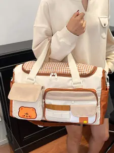 1pc Ladies' travel bag, contrasting color handbag, shoulder bag, zipper closure, suitable for students, business trips, Travel Essentials Carryall, Travel Essentials Bag, Travel Duffle Bag