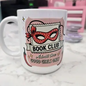 Book Club Mug, Admit One Good Girls Only, Pink Polka Dot Mask Design Cup, 11oz Tea Cup, Travel Coffee Mug, 15oz Large Ceramic Mug, Perfect for Book Lovers, Kitchen Drinkware