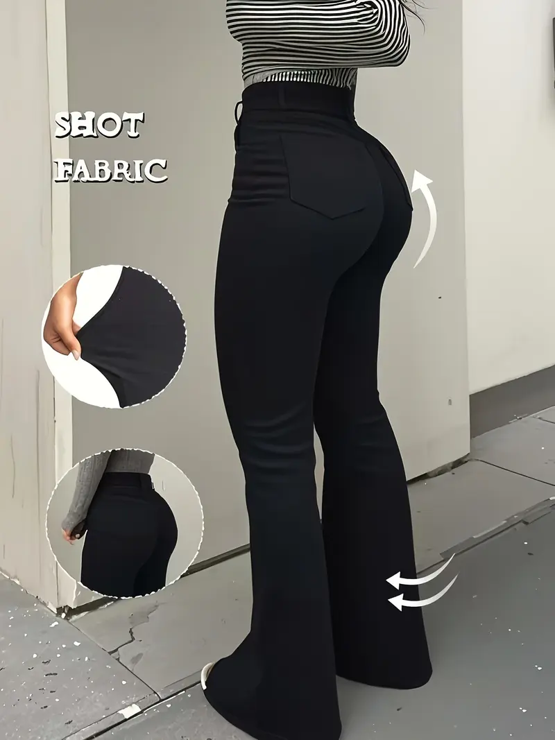 Women's High Waist Flare Trousers, Slim-Fitting Elegant Pants for All Seasons, Stylish Plain Design for Modern Women, Casual Fitted Trousers