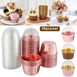 50Pc Foil Cupcake Liners with Lids Heat Resistant 5.5oz Aluminum Cake Cups Round Foil Baking Cups Baking Utensils Baking Tools Bakeware Supplies Baking Accessories Kitchen Wedding Party Supplies