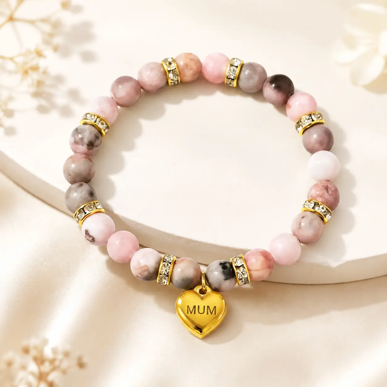 MUM Heart Charm Bracelet for Women, Pink Beaded Bracelet with Gold Tone Rhinestone Spacers, Mother’s Day Birthday Christmas Gift for Mom, Wife & Her