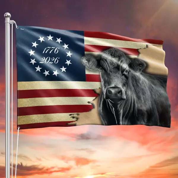 Angus Cow American Flag 1776-2026 | Patriotic Cattle Farmer Banner | 250th Anniversary Farmhouse Outdoor Decor 3x5ft