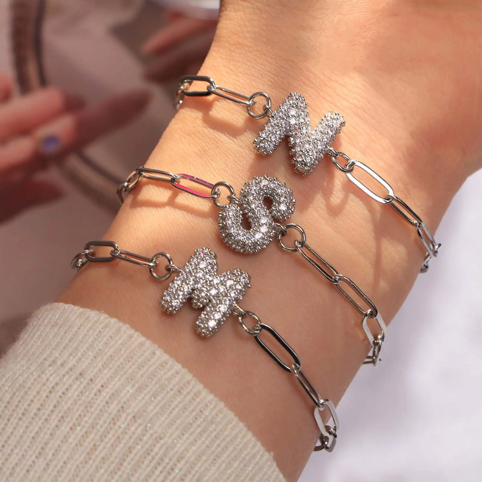 Women's Zircon Bubble Word Bracelet - 26-Letter Adjustable Bangle, Golden/Silver Paper Clip Chain Artificial Gemstone Bracelet, Casual Trendy Jewelry, Word Bracelets