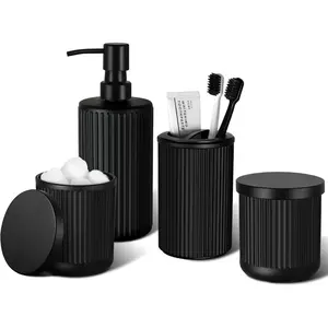 Matte Black Bathroom Accessories Set, 4 Pcs Glass Bathroom Accessory Set, Soap Dispenser, Toothbrush Holder, Qtip Holder Set, Bathroom Sets Complete, Bathroom Sink Set for Modern Home Decor