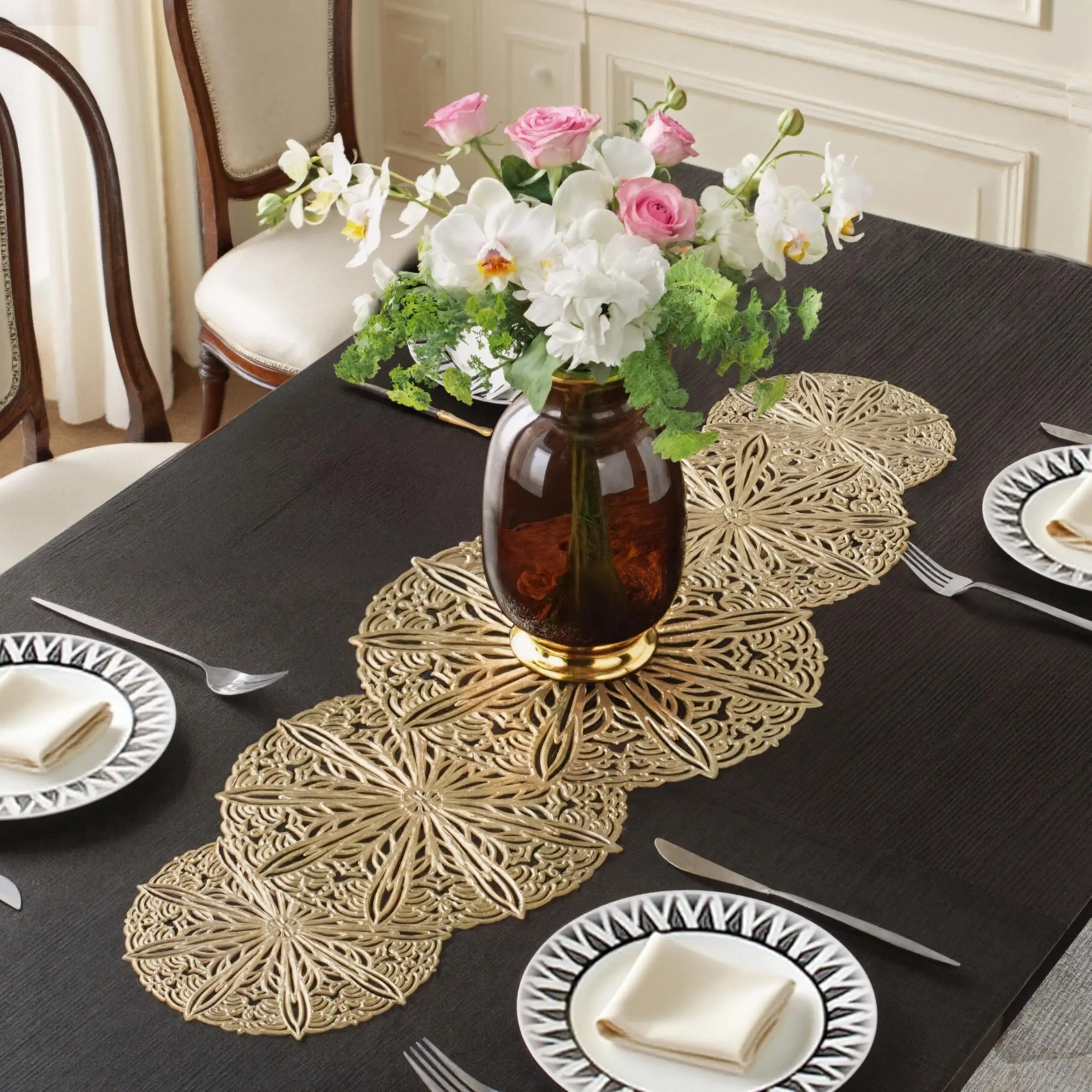 Gold Small Elegant Table Runner 36 Inch Heat Resistant Vinyl Table Cover for Dining Table Dinner Party Wedding Home Decor