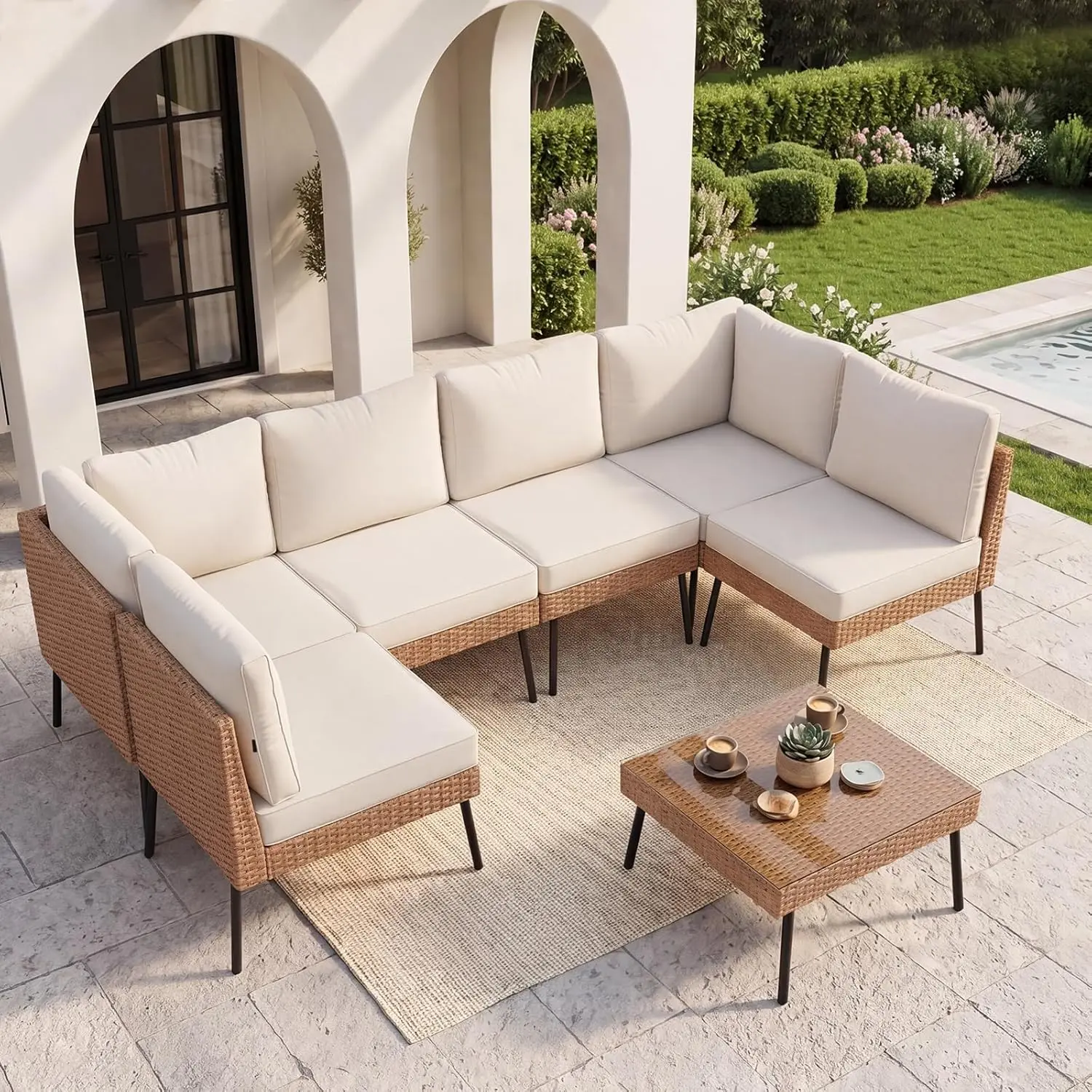 Aoxun 5-Piece Patio Furniture Set, Wicker Outdoor Sectional Sofa with Scratch-Safe Glass Coffee Table, Water-Resistant Thick Cushions & Washable Covers for Backyard, Poolside