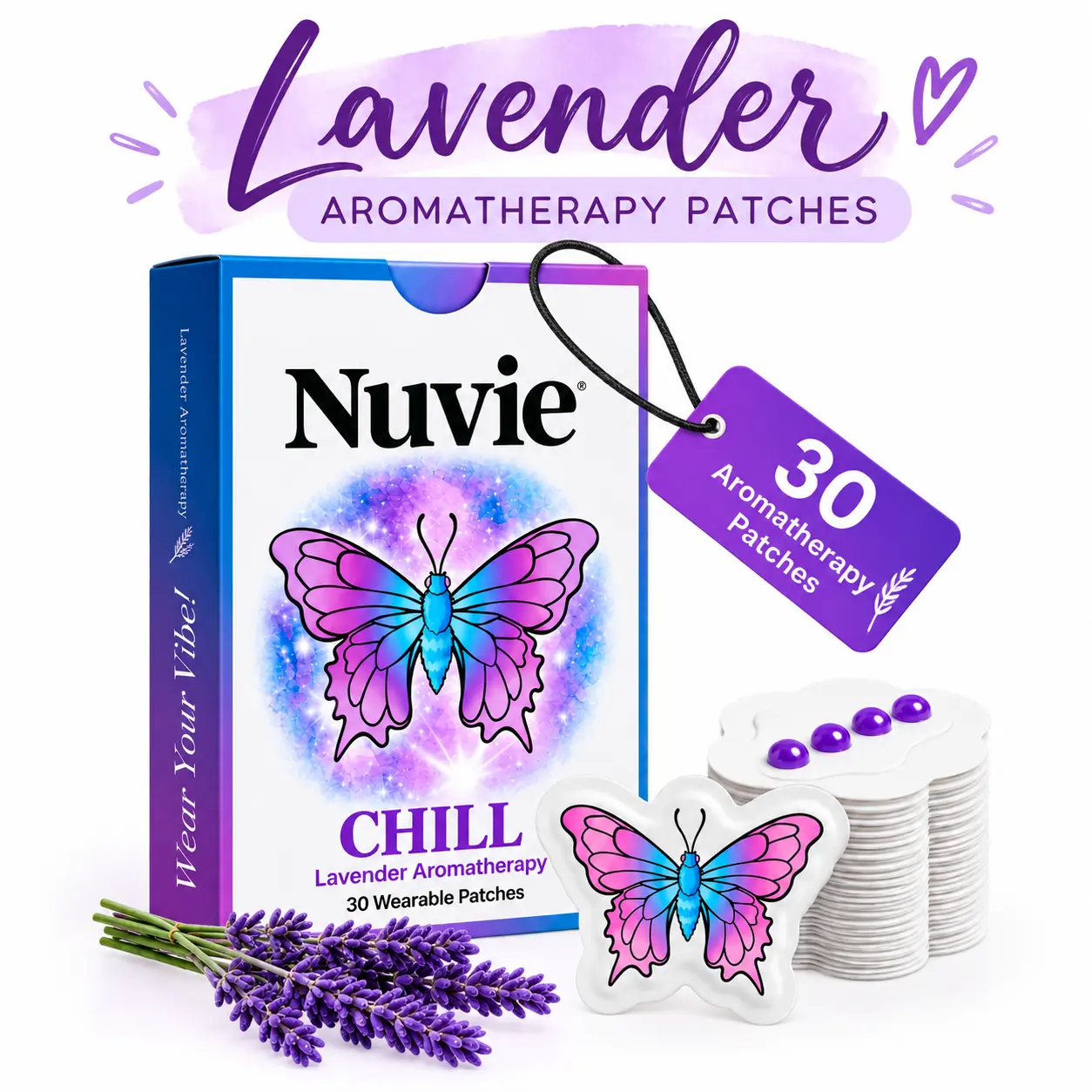 Nuvie Chill Lavender Aromatherapy 30 Wearable Patches for Relaxation and Stress Relief