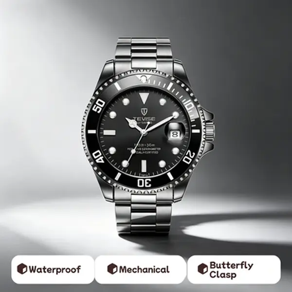 TEVISE T801A Automatic Mechanical Men's Watch - Round Black Dial, 30m Waterproof, Stainless Steel Butterfly Clasp Band, Luminous Date Display, Business Luxury Timepiece, Father's Day Gift Option
