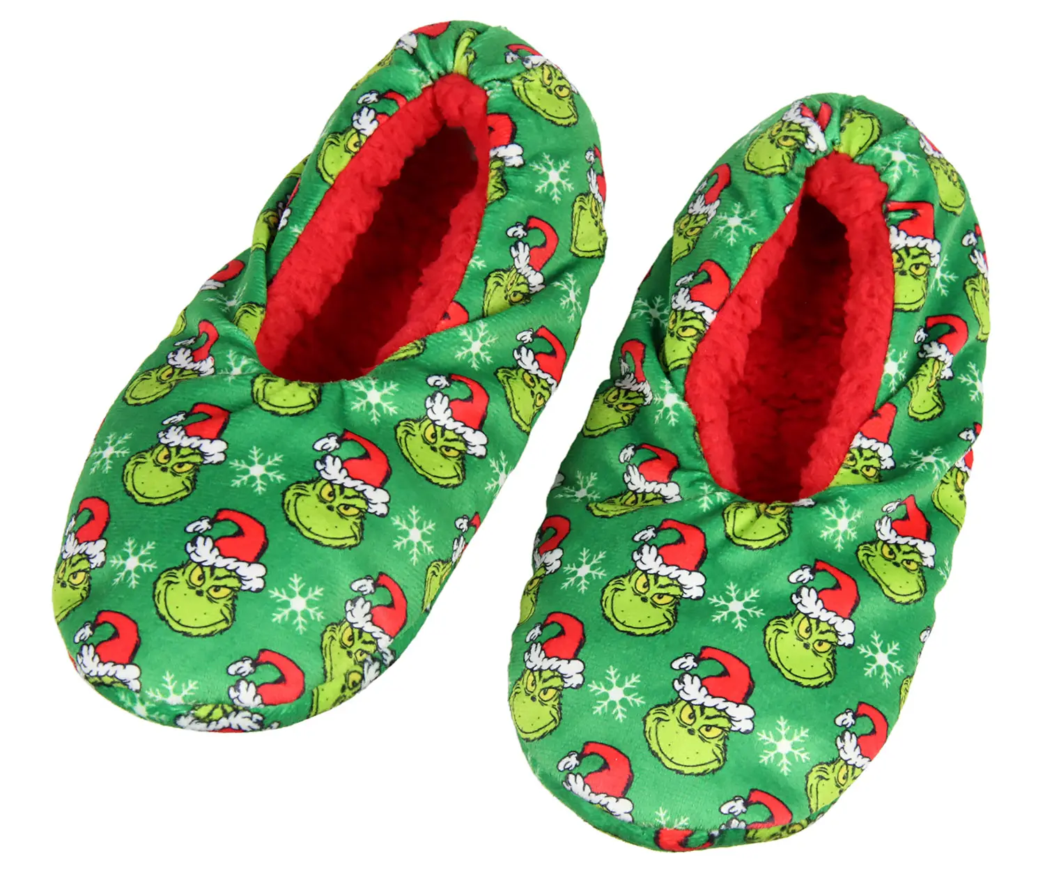 Dr. Seuss' The Grinch Home Slippers for Women & Men, Sateen Slipper Socks with Plush Fleece Lining, Santa Grinch Pattern & Non-Slip Sole, Foot Covers Women's Home Slippers, Fuzzy Non-Slip Women's Home Slippers