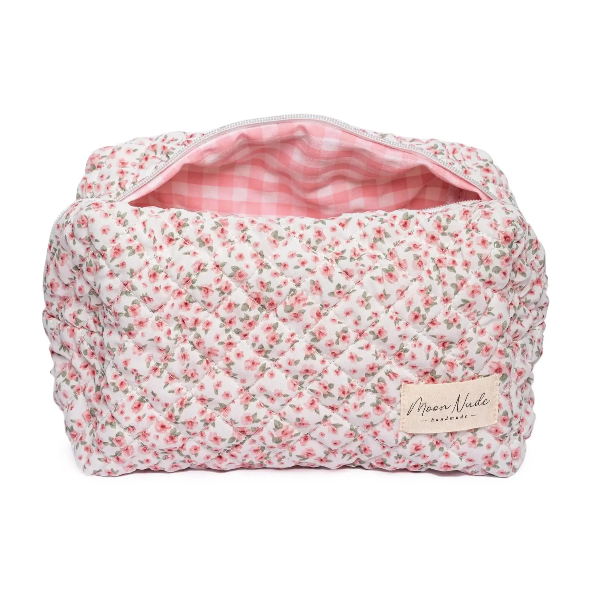 Moon Nude Large Makeup Bag - Multiple Design Collection - Chic Quilted Floral Pattern with Pink Gingham Interior - Portable Makeup Pouch, Travel Cosmetic Bags, Travel Organizer, Girly Gifts