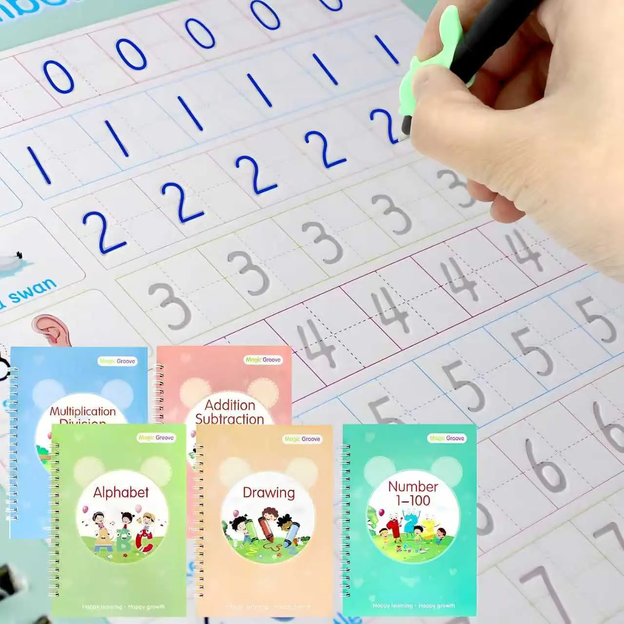 Reusable Magic Groove Guide Calligraphic Handwriting Practice Copybook Set - 5 Workbooks, 2 Pens, 10 Refills, Sticker Sheet, Addition Drills, Large Size Visual Learning Tools, Back to School Supplies for Kids Aged 3+