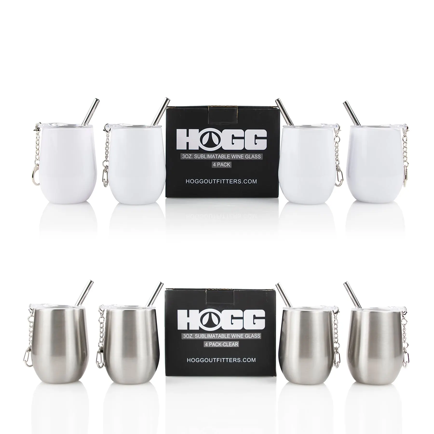 Hogg 3oz Sublimatable Wine Glass - Customized Drinkware with Metallic Finish, Includes 3 Metallic Glasses and 3 Straw Holders