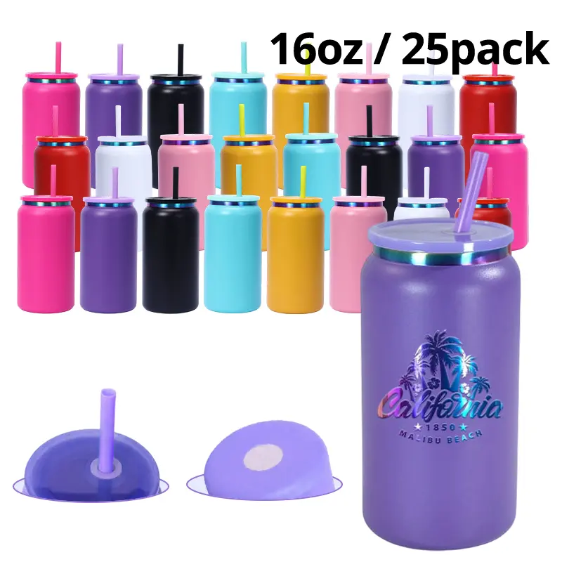 25pcs Rainbow Plated 16oz Laser Engraving Thermal Cup with Lid and Straw,  Stainless Steel Cup, Drink Cans, Iced Coffee Cup, Smoothie Cup, Vacuum Insulated Stainless Steel 16oz Rainbow Tumbler, Festive Gifts.(Matte Texture)