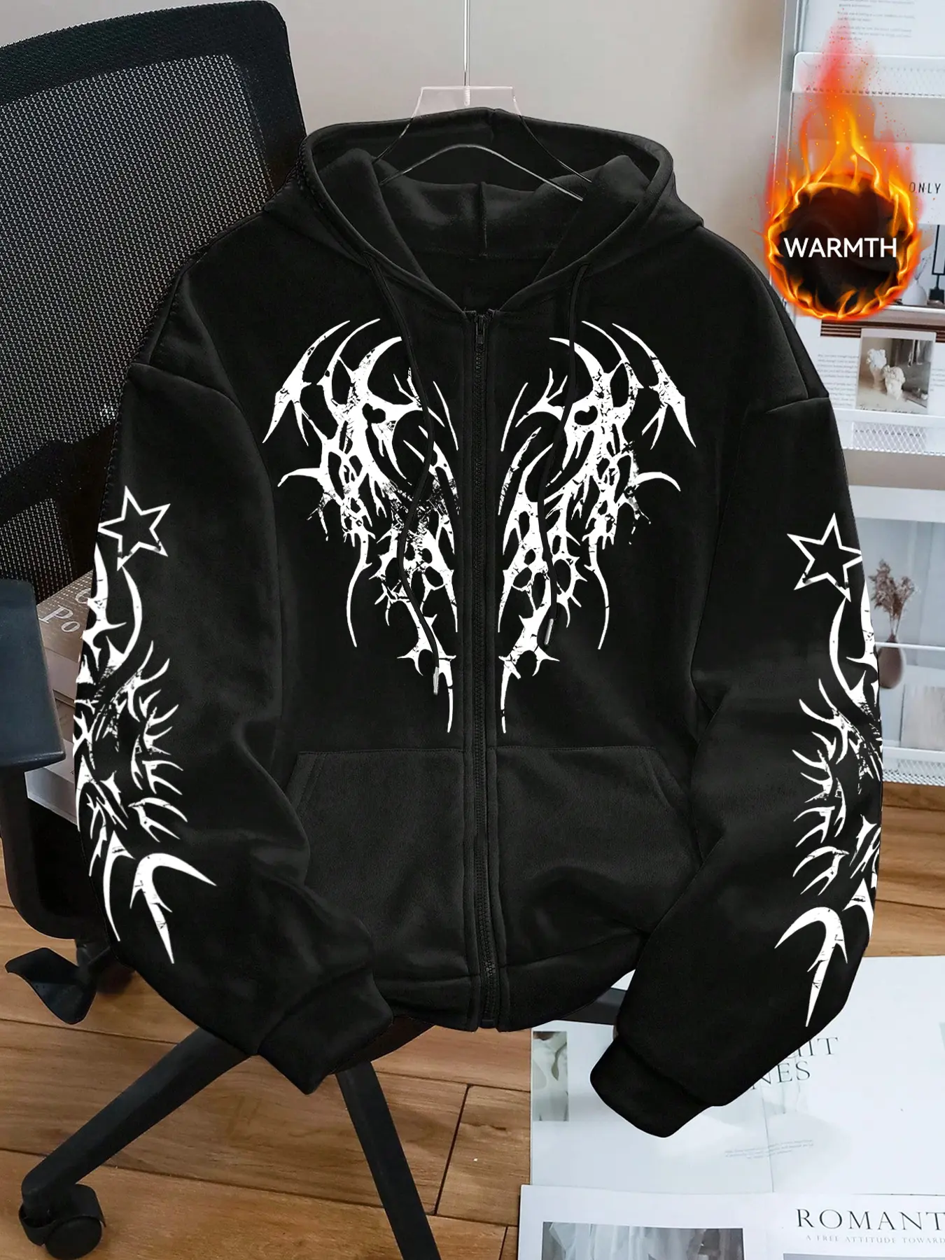 Goth Dark Aesthetic Full-Zip Long Sleeve Hoodie Jacket - Retro Distressed Black Oversized Sweatshirt with Abstract Graphic | Unisex Loose Fit Casual Streetwear Outerwear for E-Boy/E-Girl Cozy & Party Night Statement.