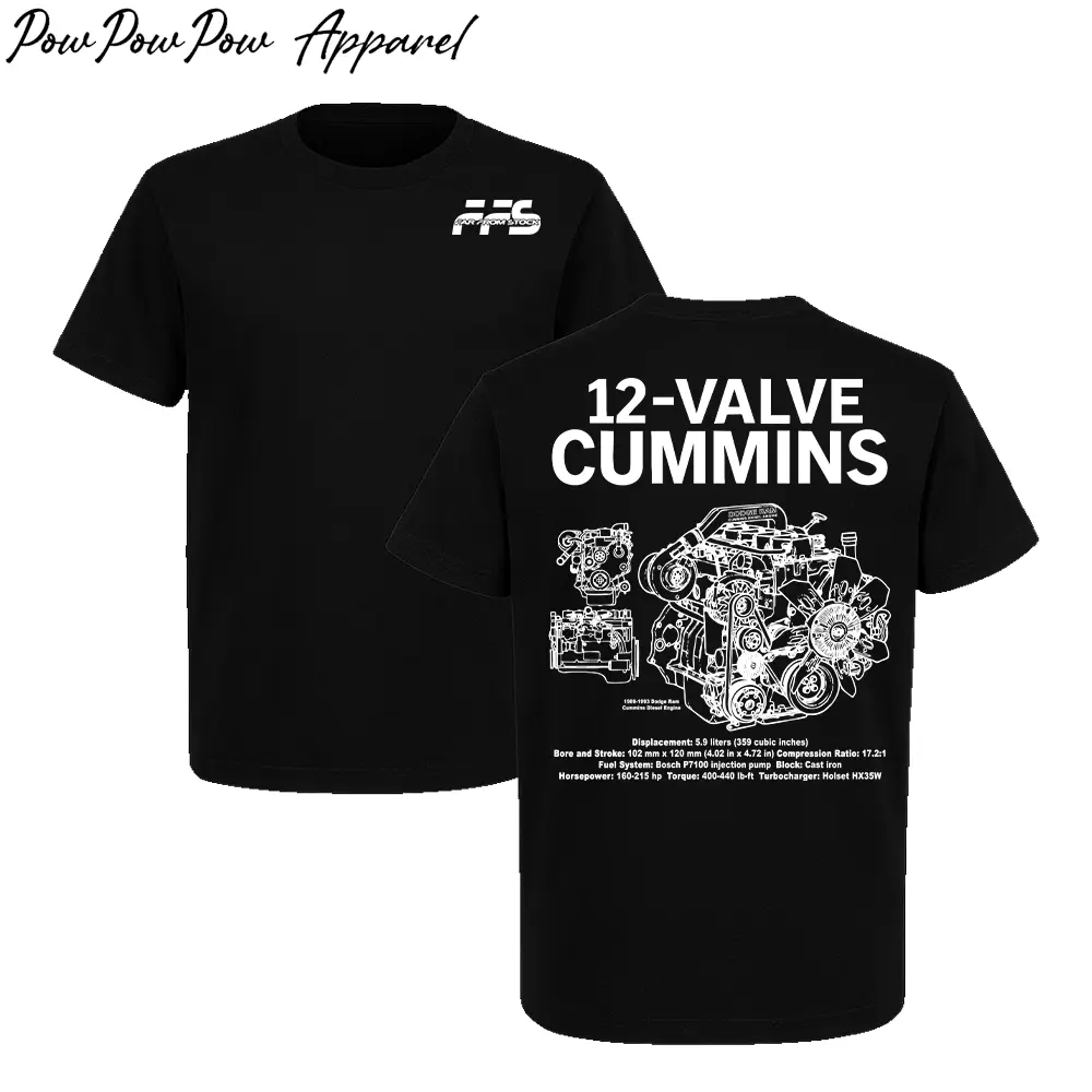 Far From Stock 12 Valve Cummins T-Shirt, Diesel Engine Blueprint Graphic Tee, Streetwear Apparel, Gift for Men & Cummins Fans Cotton Menswear