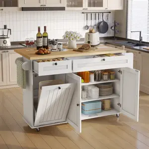 ONBRILL 60.2"W Kitchen Island with Two Large Storage Cabinets Drawers Locking Wheels Wood Countertop Power Outlet Spice Rack Paper Towel Holder Rolling Smooth