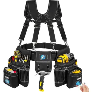 Tool Belt with Suspenders,27-Pockets Heavy Duty Tool Belts for Men with Magnetic Tool Pouch,Detachable & Adjustable Work Belt Bag for Electrician,Carpenter,Construction,Utility Toolbelt,Black