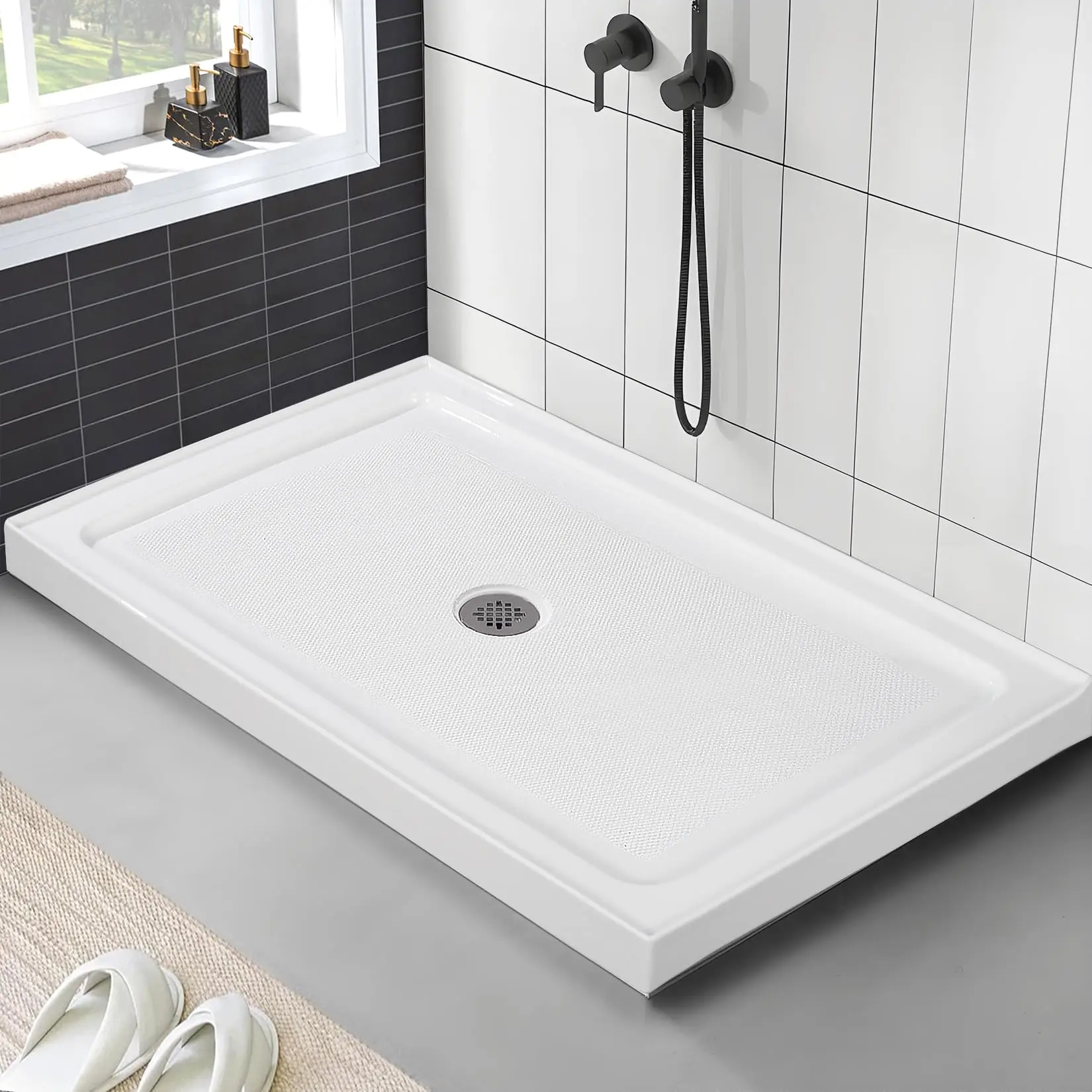 Shower Base 48'' L x 32'' W with Stainless Steel Drain, Shower Pan ＆ Tray with Non-Slip Texture, Center Drain