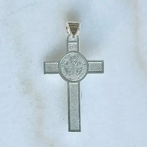 Saint Benedict Cross Pendant with Jesus Christ Figure Silver 925 Tone Catholic Jewelry