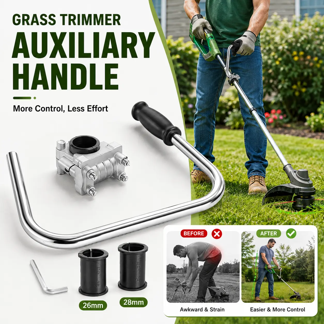 Ergonomic Metal Grass Trimmer Auxiliary Handle with 26mm-28mm Adapters, Replacement Support Grip for Straight Shaft String Trimmers, Weed Eaters, Lawn Edging Maintenance