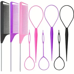9pcs Hair Tail Tool Set, French Braiding Tools, Metal Split Comb, Hairstyling Kit, Includes Ring and Mouse Tail Comb, Hair Tools for Styling