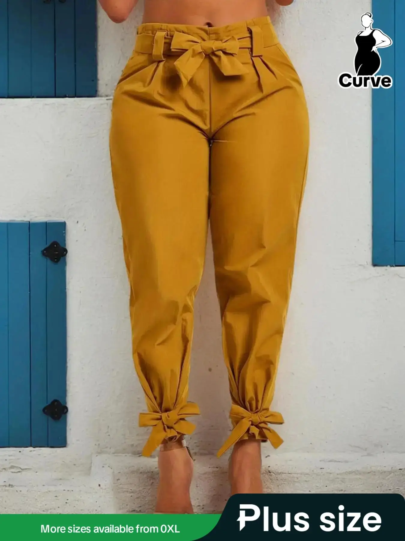 【Plus Size】 Solid Bow Front Belted Carrot Pants, Elegant Fashion Tapered Trousers, Women's Summer Bottoms for Daily Wear Work Business