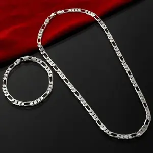 Sterling Silver 925 Four Millimeter Chain Bracelet and Necklace Set for Men and Women Valentine's Day Gift Pendant Wedding Bracelet Set Bangle Jewelry