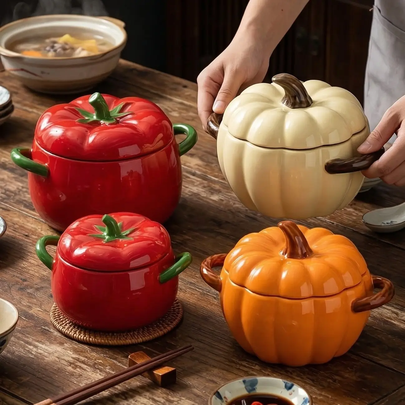 HongDian Tomato Pumpkin Shaped Ceramic Casserole Pot Series,Optional 8/10 in Lidded Serving Bowl,Red Orange Yellow Pink White,Premium Ceramic,Novelty Vegetable Design,Oven Microwave Dishwasher Safe,Stew Pasta Meal Serving,Fall Kitchen Gift Decor, Kitchen,