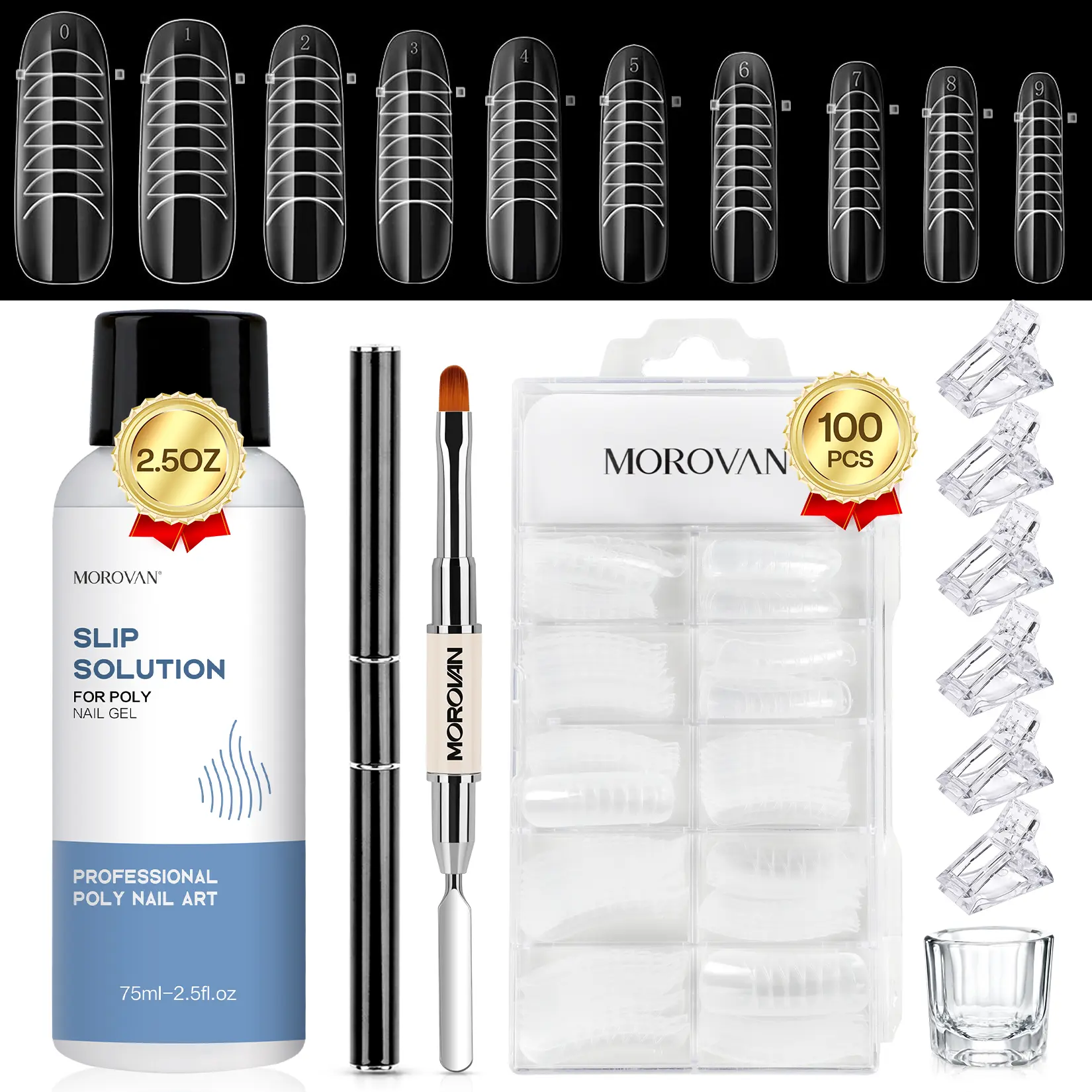 Morovan 2.5oz 75ml Slip Solution Kit with Nail Froms for Poly Gel - Nail Slip Solution Anti-Stick Gel Solution Liquid with Dual-Ended Brush Poly gel Liquid for Beginner