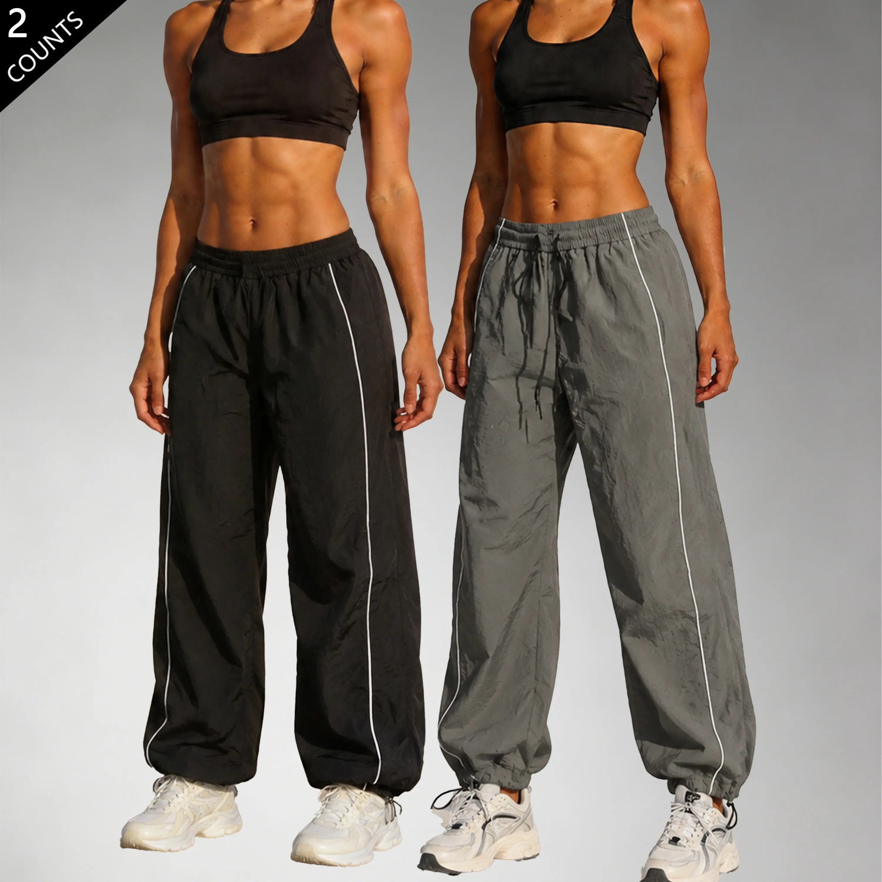 Women’s 2-Pack High-Waisted Parachute Track Pants - Polyester, Side Stripes, Elastic Waist, Drawstring Cuffs, Loose-Fit Windbreaker Joggers, Sporty Chic All-Season Casual Streetwear Athletic Bottoms, Polyester Pants, Casual Wear daily wear pant