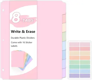 Durable Plastic 8-Tab Dividers, Big Tab Dividers for 3 Ring Binder, Write&Erase 3 Ring Binder Dividers with Tabs,with Sticker Labels, 1 Set, Pastel Color