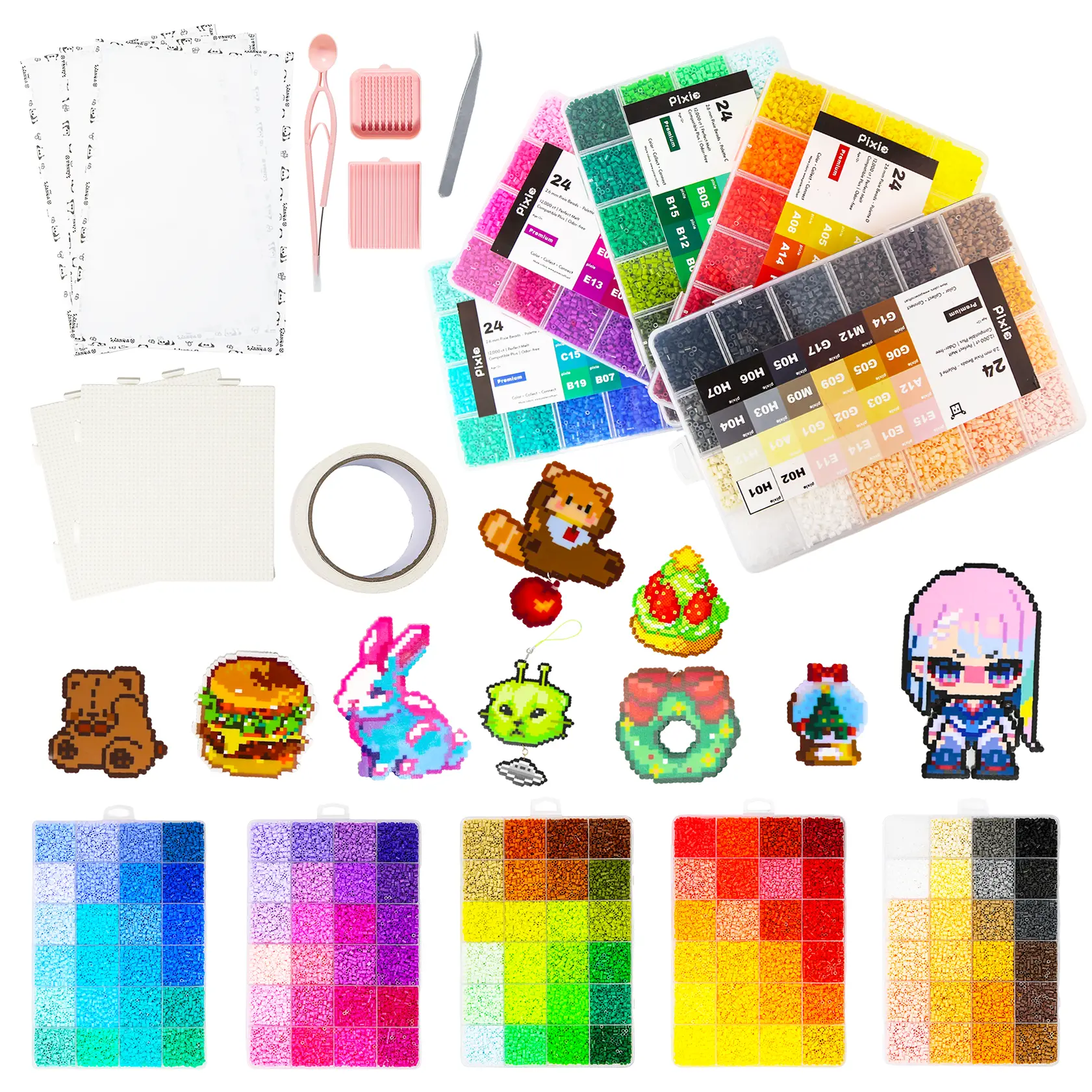 2.6mm PixieBeads 48 / 72 / 96 / 120 Starter Combo with Premium Tool Set, 500ct per Color, 2.6mm Premium Fuse Beads, DIY Pixel Craft Kit: PixieBeads, Premium Tool Set