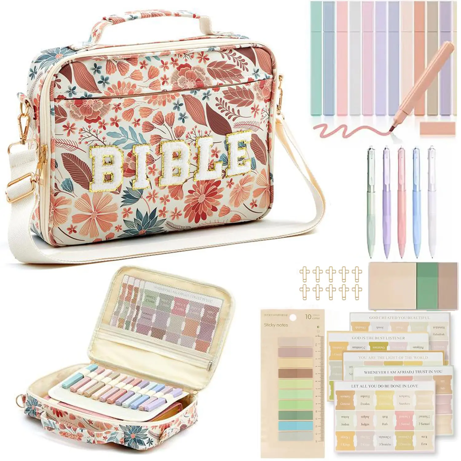 Bible Cover Case for Women, Large Bible Bag w/Shoulder Strap, Bible Study Supplies Bible Journaling Kit  Book Carrying Case with Bible Highlighters, Mothers Day Christian Gifts for Women Work Organizer Files Organizer Desk Organizer Desk Organizer